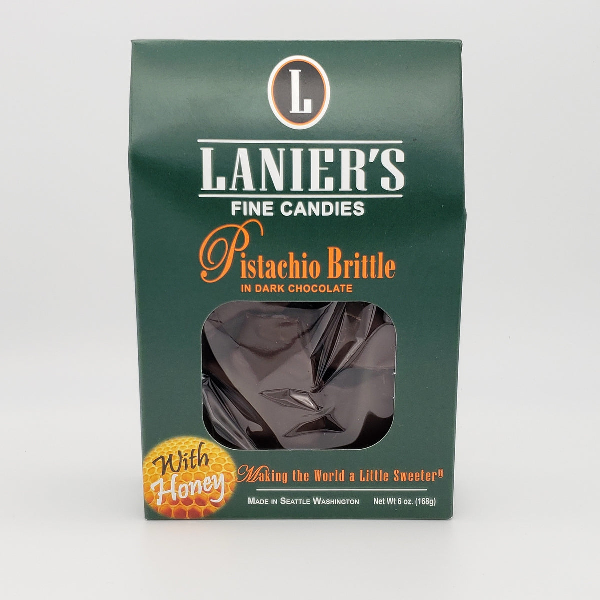 Dark Chocolate Pistachio Brittle with Honey 6 oz Lanier's Fine Candies